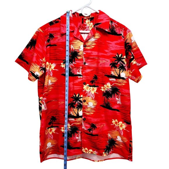 Mens Red Hawaiian Short Sleeve Button-Up Shirt With Tropical Print Size M - Picture 6 of 7